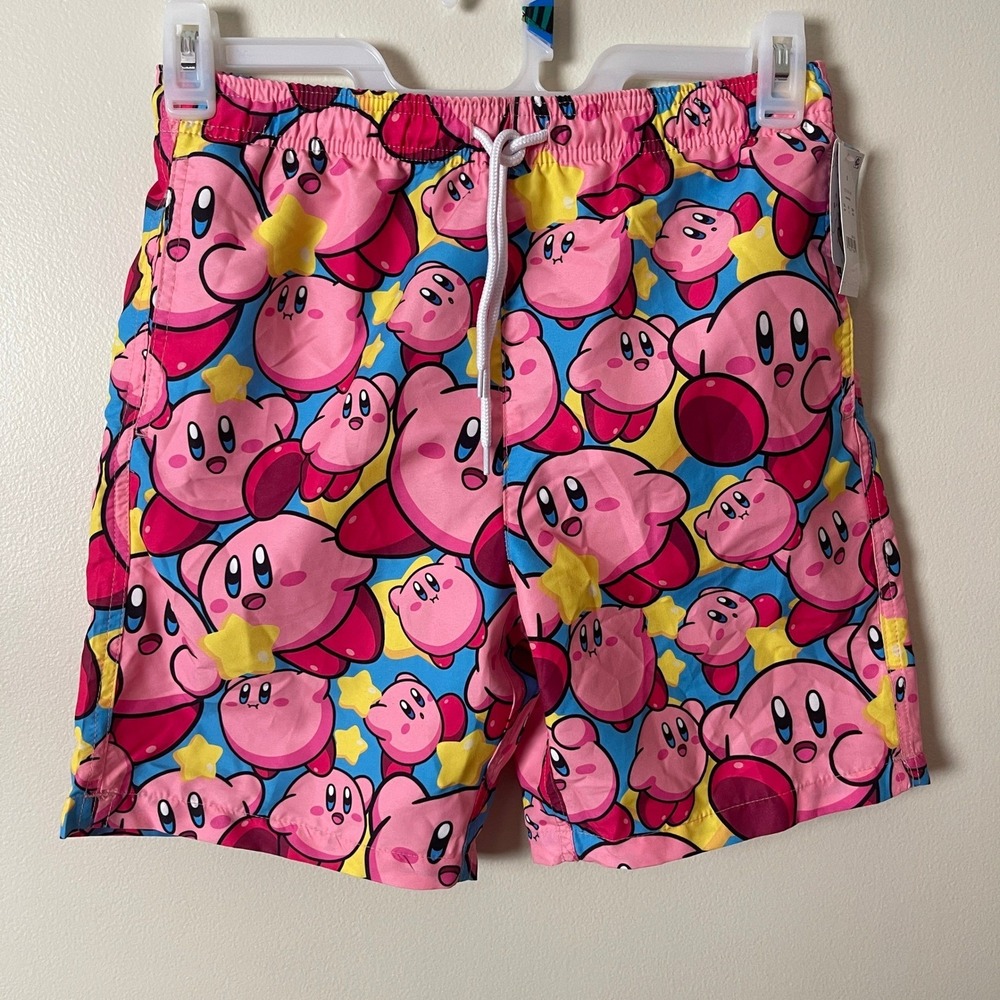 Kirby Nintendo Bioworld Mens Swim Trunks Pink All Over Print Shorts LARGE ‎ NWT
